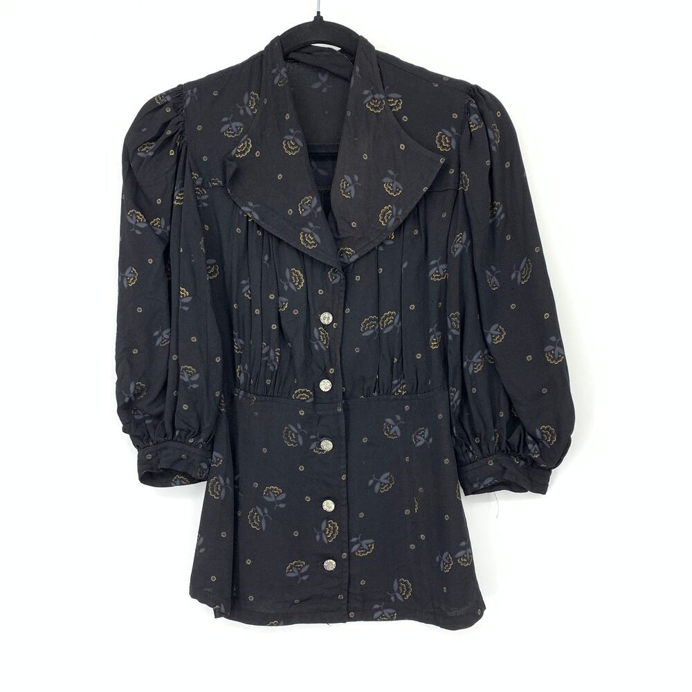 VTG Simon Massey Black Floral Puff Sleeve Button Front Prairie Cottagecore Top M